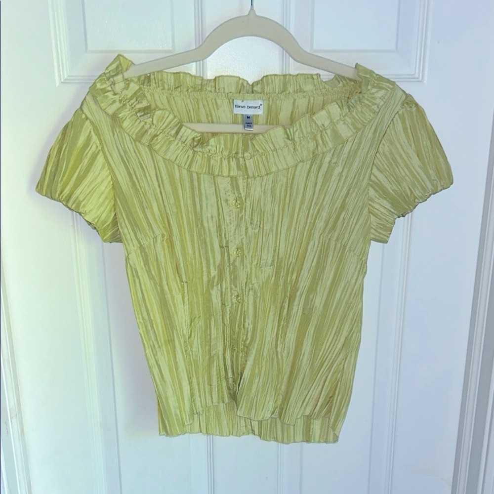 Harve Benard Vintage 90’s Green Puff Short-Sleeve Button Up Blouse w/ Bib Collar